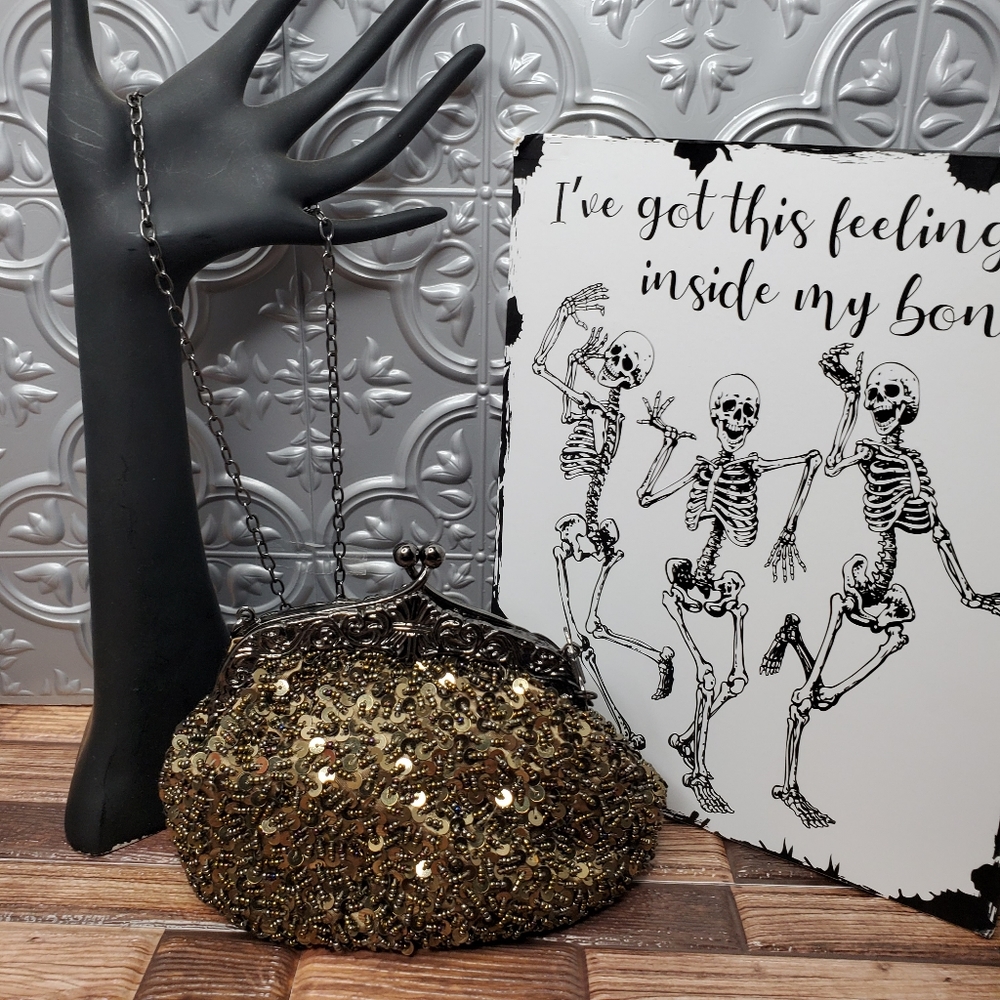 ♤♤ Beaded Sequin Satin Kiss Lock Clutch Evening Bag Olive Green